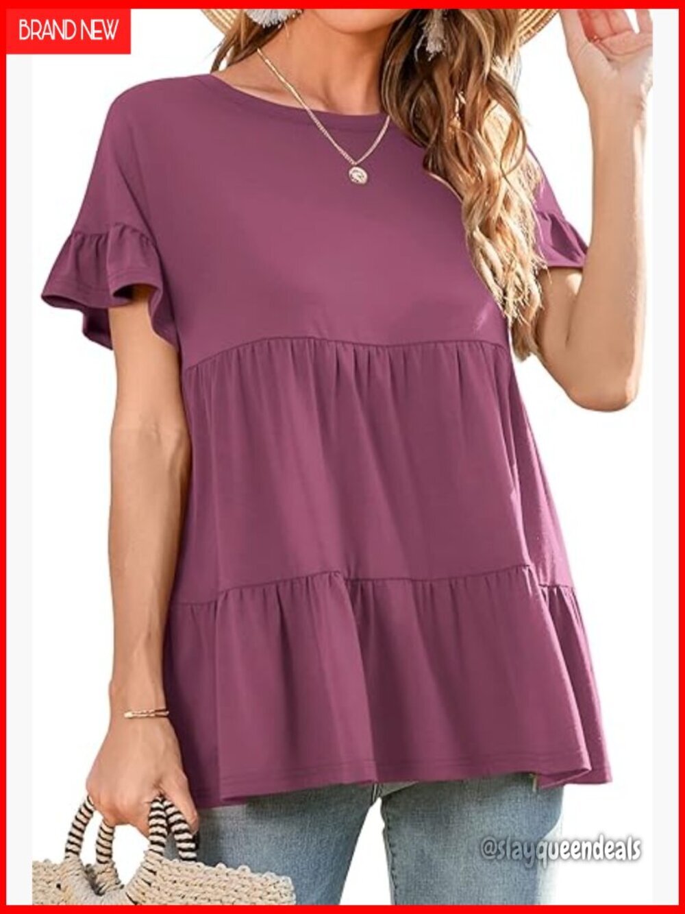 Ruffle Sleeve Loose Fit Tunic Top, Rayon Blend, Casual Wear